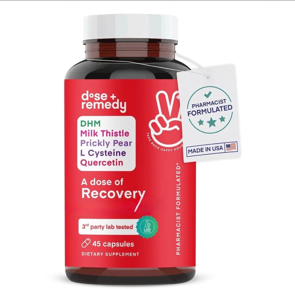 A dose of Recovery|Liver Detox | Made in USA | USDA | Hydration Support for Better Morning Recovery Asian Flush | Dihydromyricetin DHM, Quercetin, Vitamin B, Milk Thistle, Prickly Pear, | (45 Pills) 2