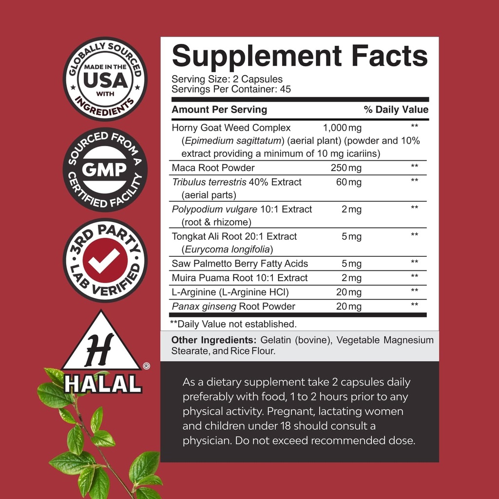 Bundle of Horny Goat Weed for Men with Black Maca Root, Tongkat Ali, Saw Palmetto & Panax Ginseng Extract and Maca Root Capsules - Herbal Wellness Supplement with Siberian Ginseng Ashwagandha 3