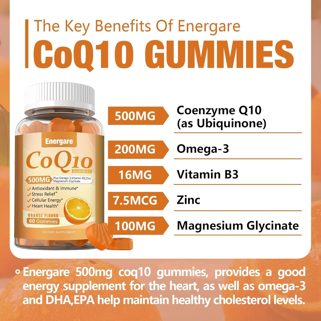 2 Packs CoQ10 500MG Gummies - 3X Better Absorption Coenzyme Q10 Supplements - Plus Omega-3, Magnesium, Vitamin B3 & Zinc for Heart Health, Cellular Energy & Antioxidant, 120 Cts 4