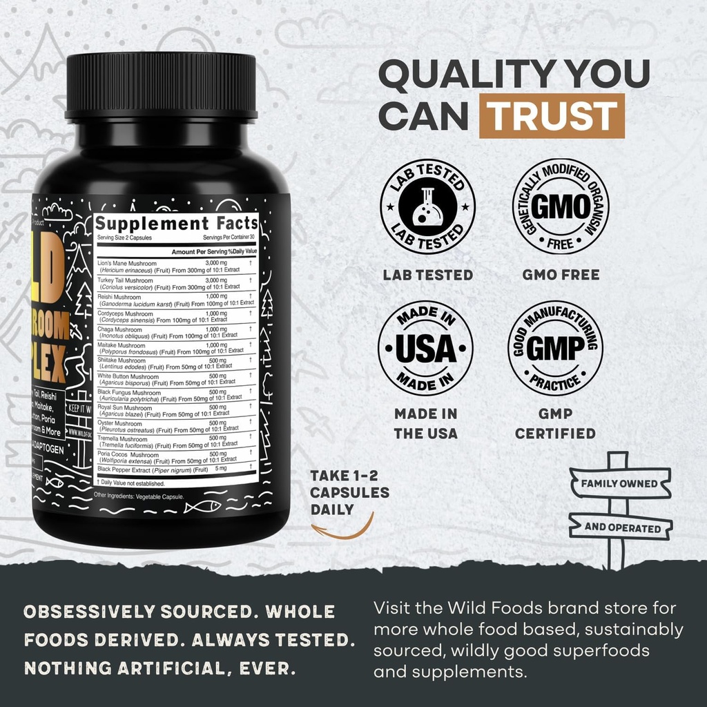 Wild Foods Premium Mushroom Supplement Complex | Mushroom Extract 13 Organic Mushrooms: Lions Mane, Turkey Tail, Reishi & More Adaptogenic Mushrooms for Energy, Brain & Immune Health (Pack of 2) 3