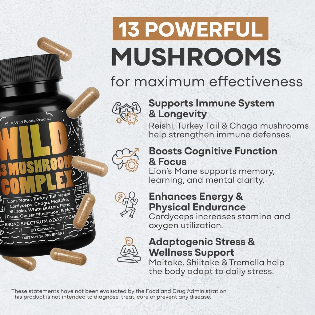 Wild Foods Premium Mushroom Supplement Complex | Mushroom Extract 13 Organic Mushrooms: Lions Mane, Turkey Tail, Reishi & More Adaptogenic Mushrooms for Energy, Brain & Immune Health (Pack of 2) 4