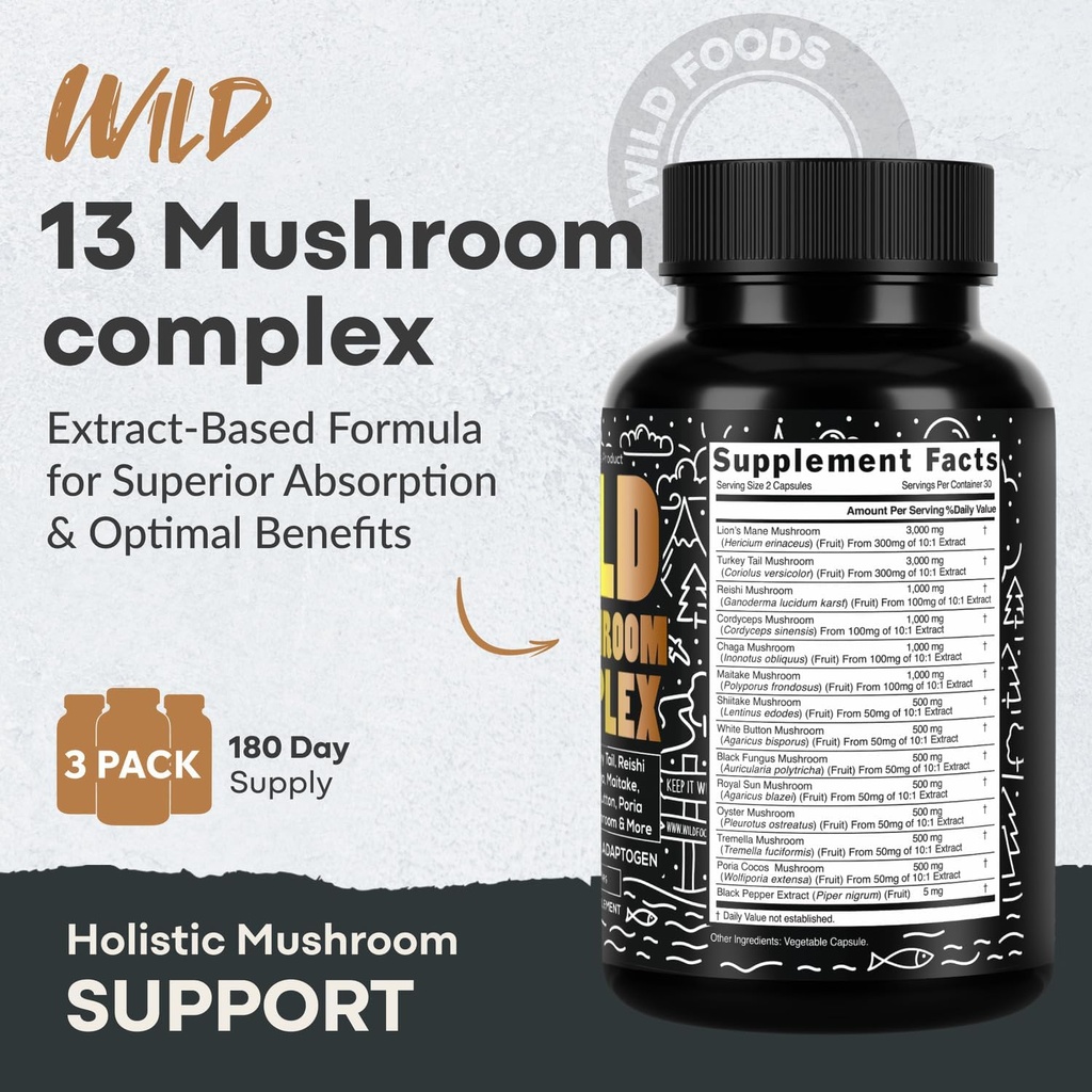 Wild Foods Premium Mushroom Supplement Complex | Mushroom Extract 13 Organic Mushrooms: Lions Mane, Turkey Tail, Reishi & More Adaptogenic Mushrooms for Energy, Brain & Immune Health (Pack of 2) 5