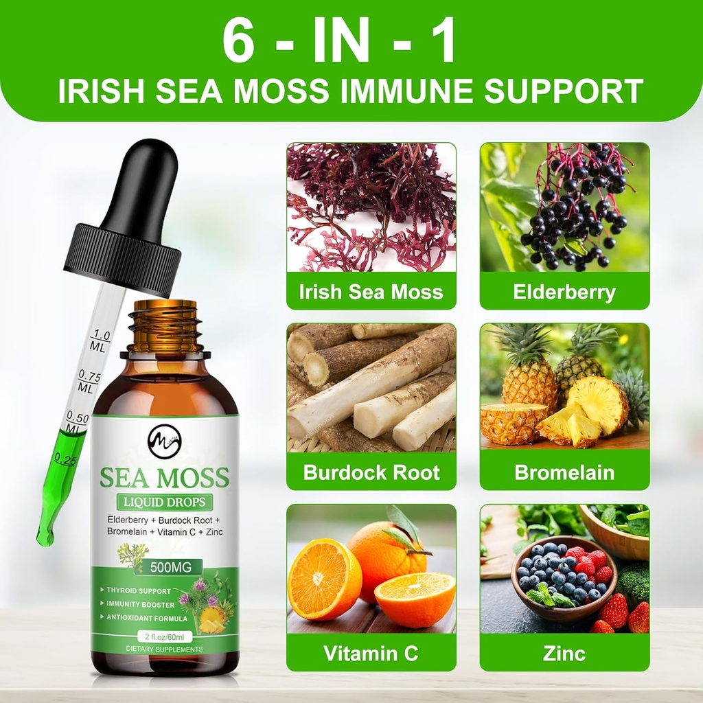 Sea Moss Liquid Drops - Irish Sea Moss 2000mg with Elderberry, Burdock Root, Bromelain, Vitamin C and Zinc - 98 Essential Minerals Seamoss Supplement for Immune, Joint, Digestion, Aging Support - 2oz 4