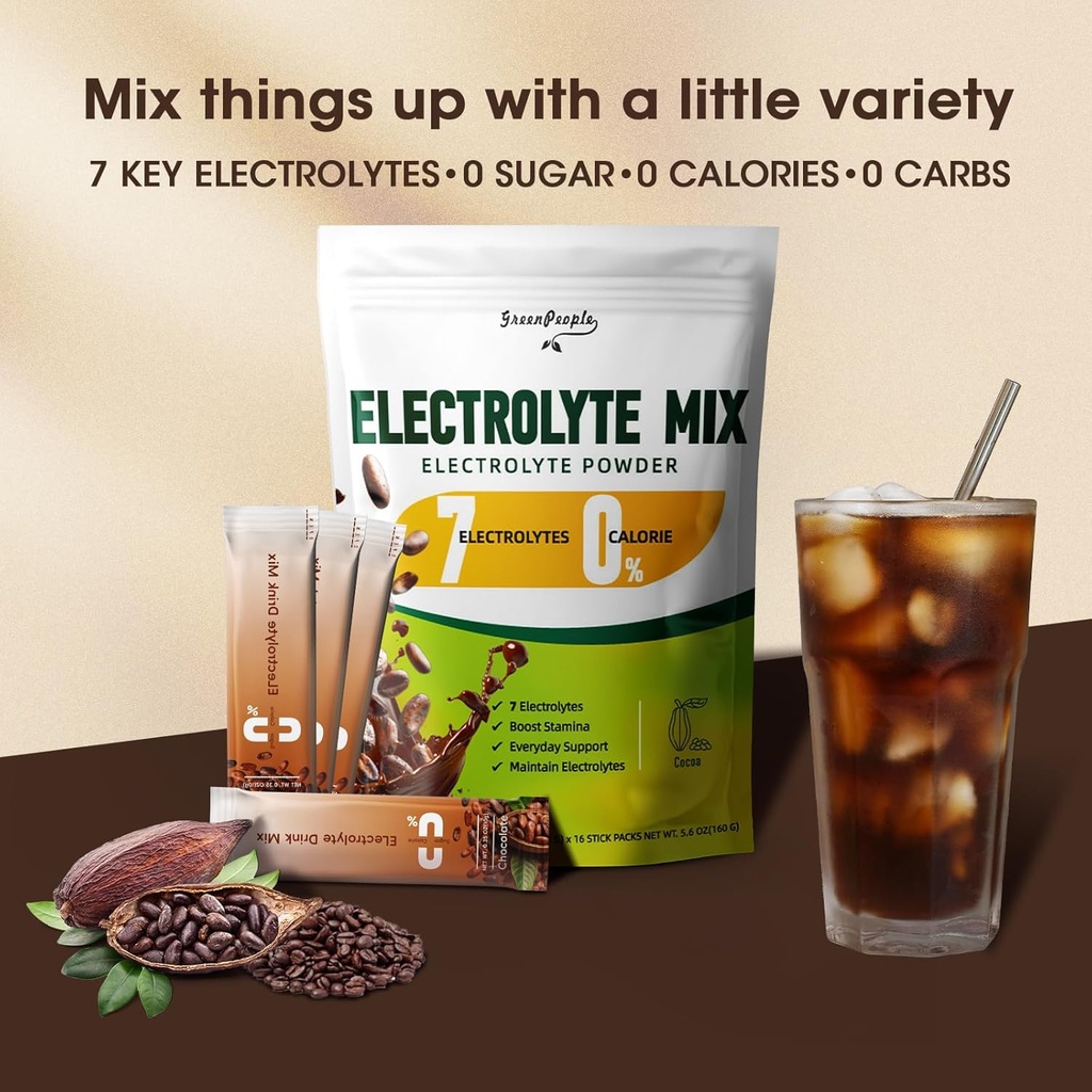GREENPEOPLE Zero Sugar Electrolyte Powder Mix - Hydration Packets, Cocoa Flavor - 7 Electrolytes - Vegan, Non-GMO - 16 Sticks 4