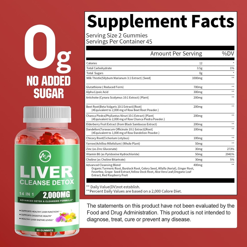 Liver Wellness Gummies, Sugar Free Liver Wellness Support Supplements with 2000mg Milk Thistle, Glutathion, Dandelion, Alpha Lipoic Acid, Artichoke, 2 Pack, 180 Count, Raspberry Flavor 3