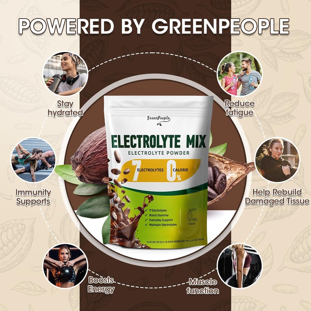 GREENPEOPLE Zero Sugar Electrolyte Powder Mix - Hydration Packets, Cocoa Flavor - 7 Electrolytes - Vegan, Non-GMO - 16 Sticks 6