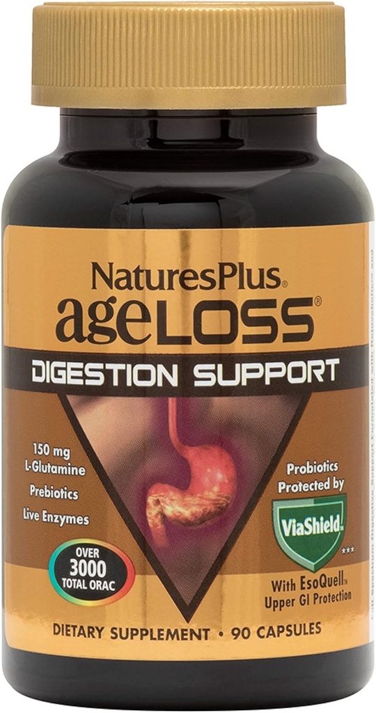 Natures Plus AgeLoss Digestion Support - 90 Capsules - Prebiotics, Live Enzymes & 150 mg L-Glutamine - Gluten Free - 30 Servings 2