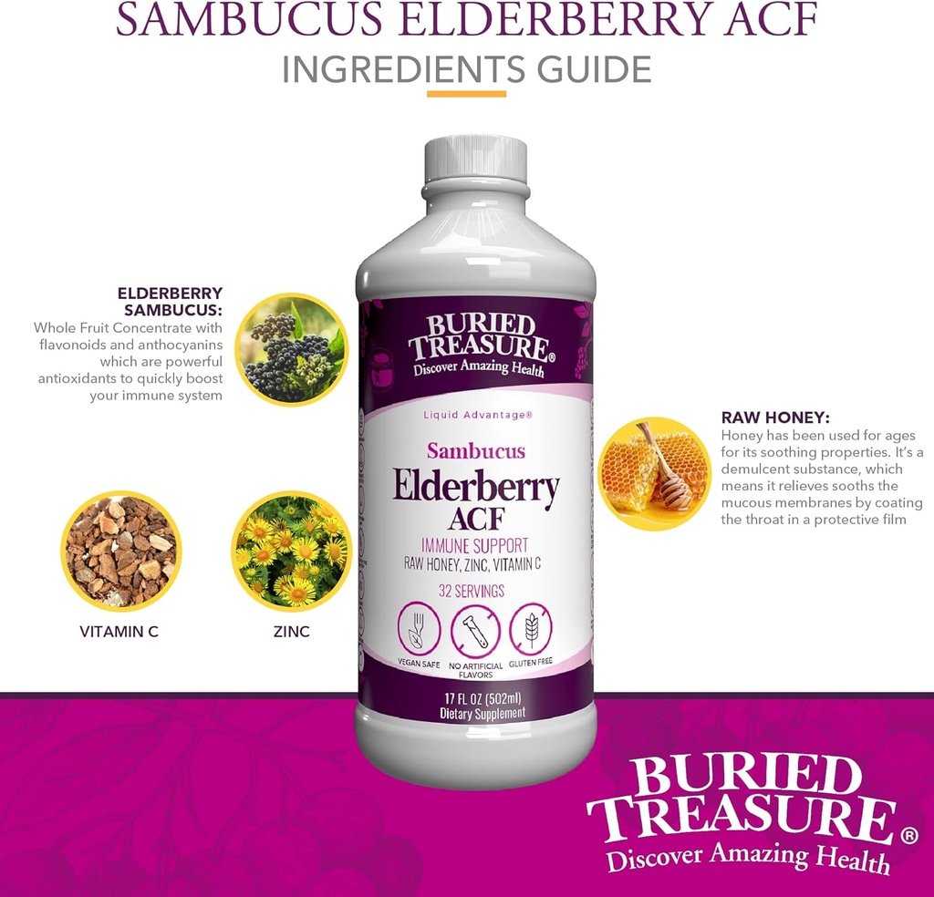 Buried Treasure Elderberry ACF with 4,000 mg Elderberry Sambucus Whole Fruit Concentrate, Vitamin C Plus Raw Local Honey Liquid Immune Support 16 oz 5