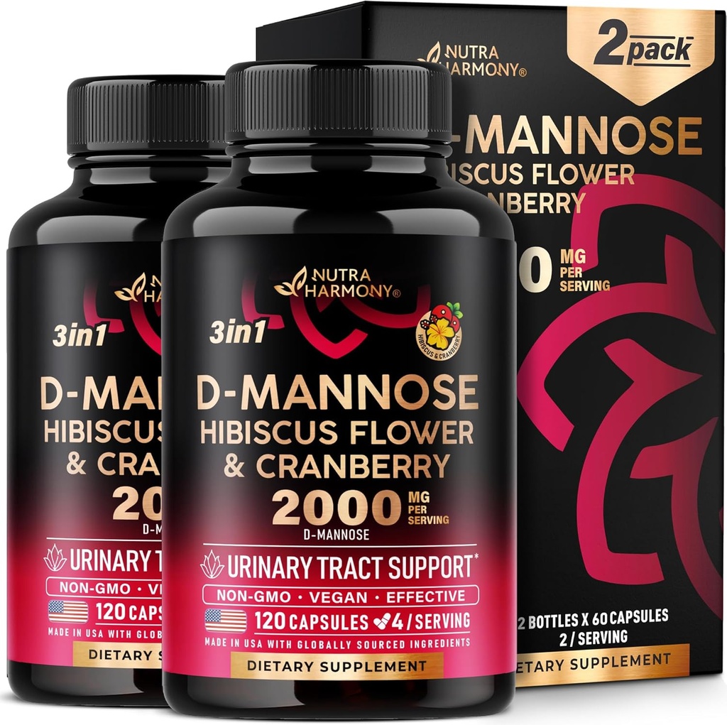 D-Mannose 2000mg with Cranberry 500mg & Hibiscus - Clinically Tested Strength for Urinary Tract Health - Supplement for Women - Bladder, Liver & Microflora Support - Made in USA - Vegan, Pack of 2 2
