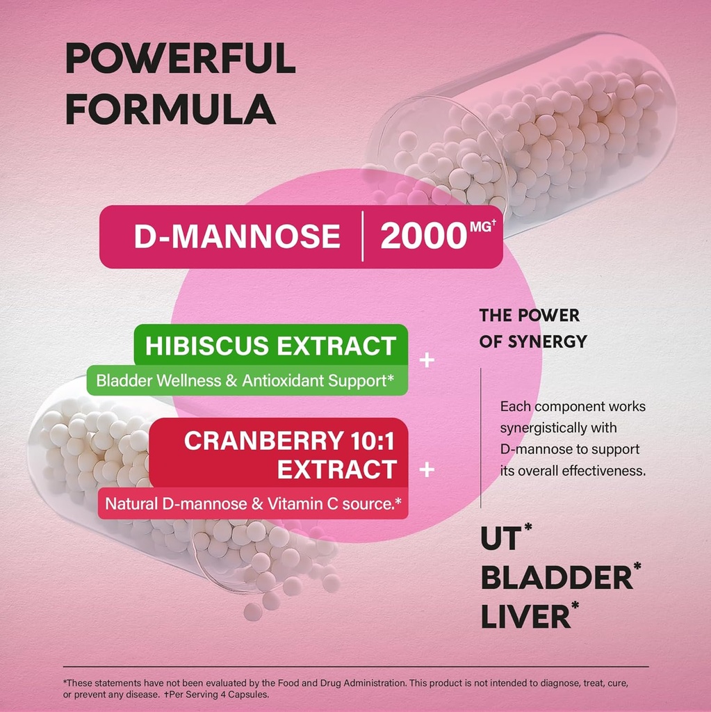 D-Mannose 2000mg with Cranberry 500mg & Hibiscus - Clinically Tested Strength for Urinary Tract Health - Supplement for Women - Bladder, Liver & Microflora Support - Made in USA - Vegan, Pack of 2 4