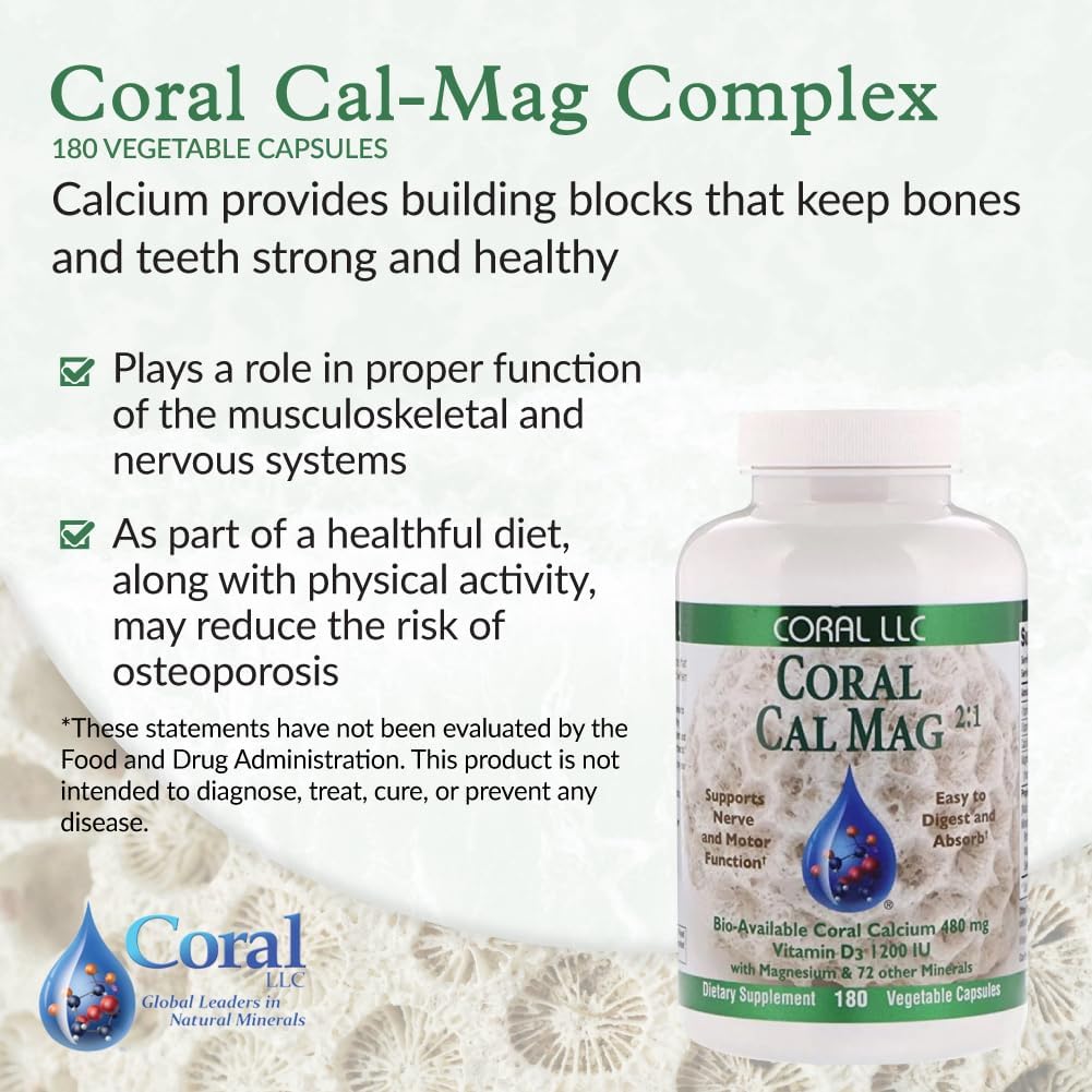 Coral Cal-Mag - Bioavailable Coral Calcium with Magnesium in a 2:1 Ratio and 1200 International Units of Vitamin D3-180 Vegetarian Capsules 4