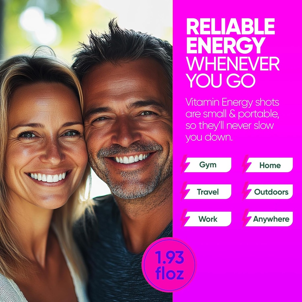 Vitamin Energy B12 11,000% Extra Strength Energy Shot Pink Berry 48 Pack, 260mg Natural Caffeine, B12 & B6, Nootropic Focus, Vitality, Zero Sugar, Gluten-Free, Vegan, Kosher, 1.93 fl oz 4