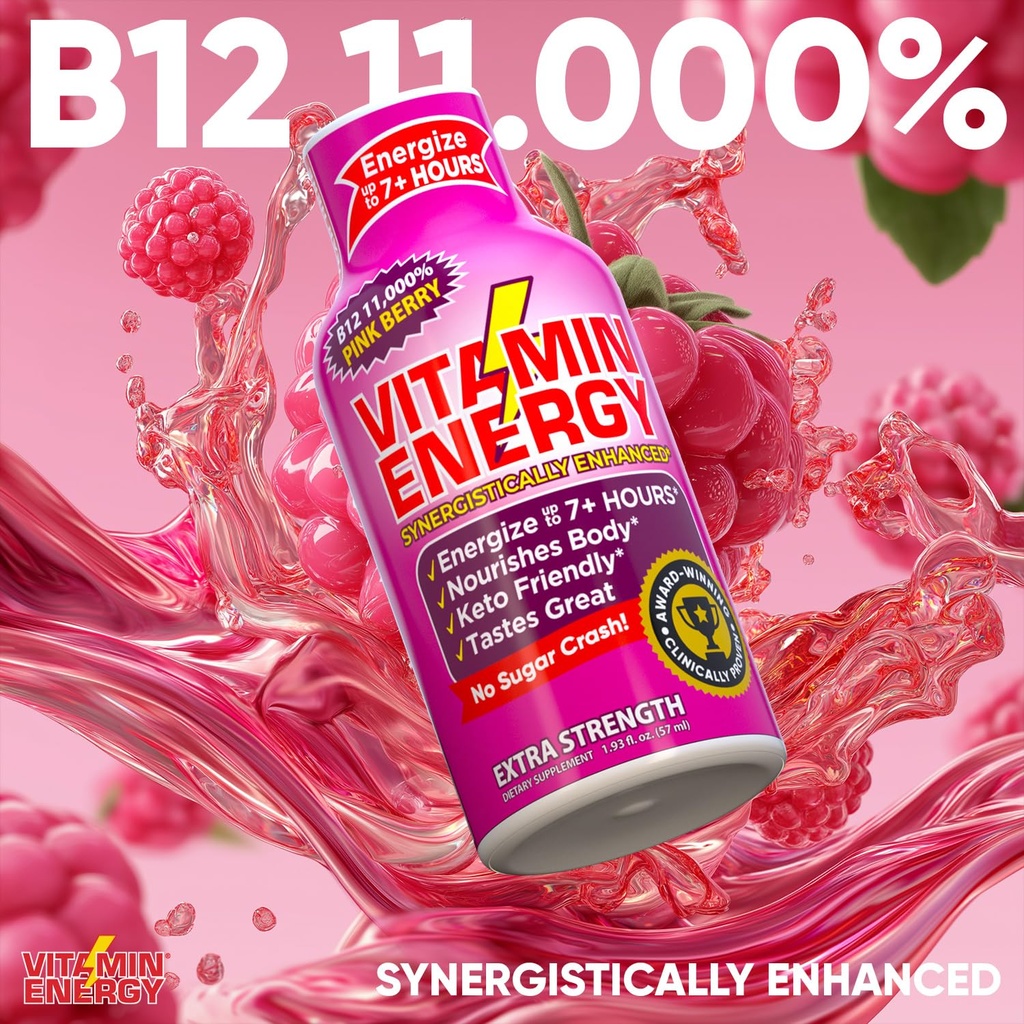 Vitamin Energy B12 11,000% Extra Strength Energy Shot Pink Berry 48 Pack, 260mg Natural Caffeine, B12 & B6, Nootropic Focus, Vitality, Zero Sugar, Gluten-Free, Vegan, Kosher, 1.93 fl oz 5