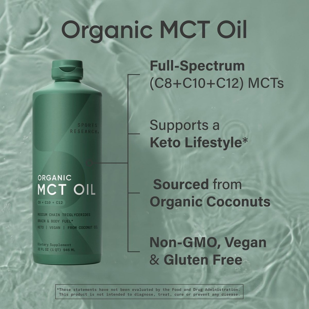 Sports Research Keto MCT Oil from Organic Coconuts - Fatty Acid Fuel for Body + Brain - Triple Ingredient C8, C10, C12 MCTs - Perfect in Coffee, Tea, & More - Non-GMO & Vegan - Unflavored (128 Oz) 5