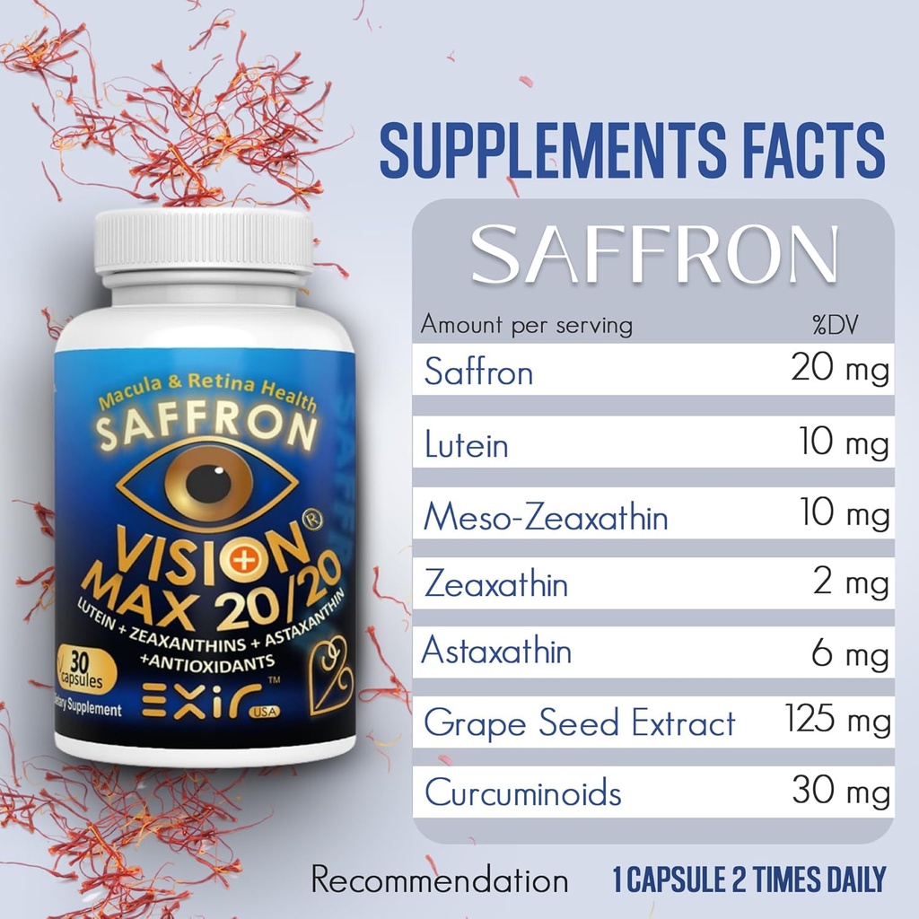 EXIR Eye Vitamins Lutein, Saffron Astaxanthin, Zeaxanthin, Grape Seed, Turmeric Supplement for Floaters, Strain, Pressure, Night Vision, VM20-30 Capsules 3