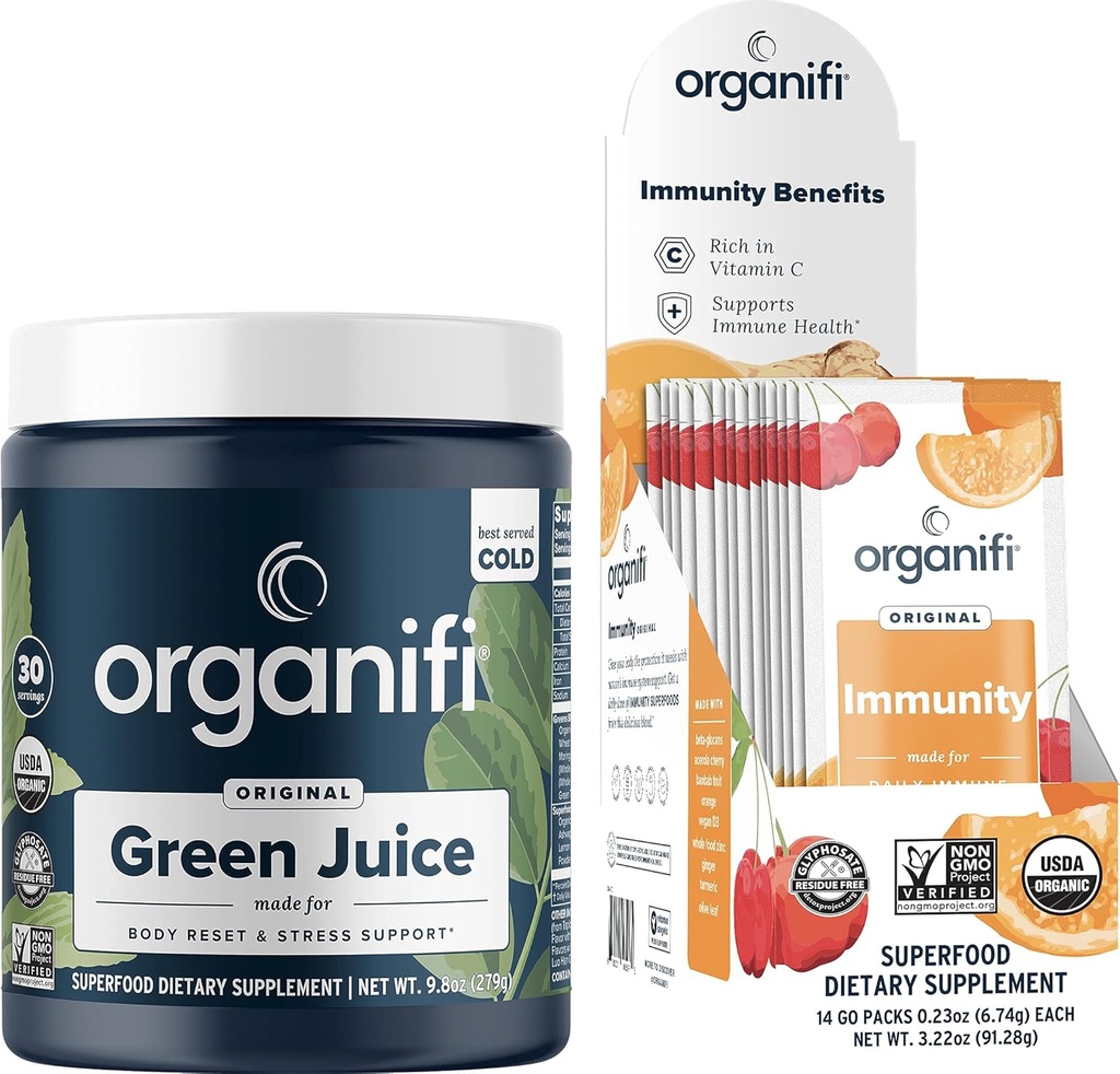 Organifi Green Juice Superfood Powder (30 Servings) and Immunity Drink Mix (14 Packets) Vitamin C, Vitamin D, Zinc, Detox Cleanse, Stress Relief and Immunity Support - Gluten Free, Vegan, Whole Food 2