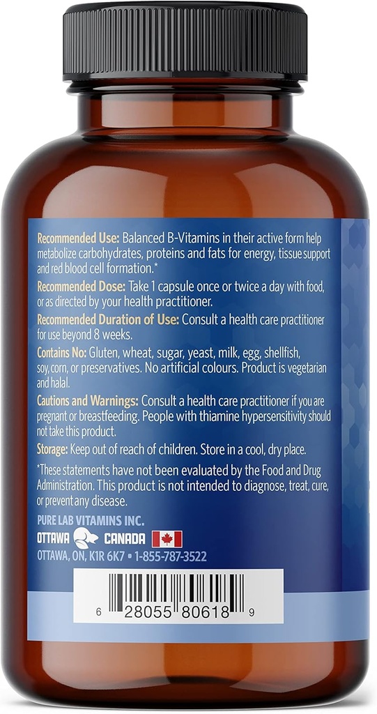 Pure Lab Vitamins Bioactive B Complex - 120 Vegan Caps Slow Release Formula (B1, B2, B3, B5, B6, B7, B9, B12) - 60 Days Supply, Gluten & Sugar Free Made in Canada 5