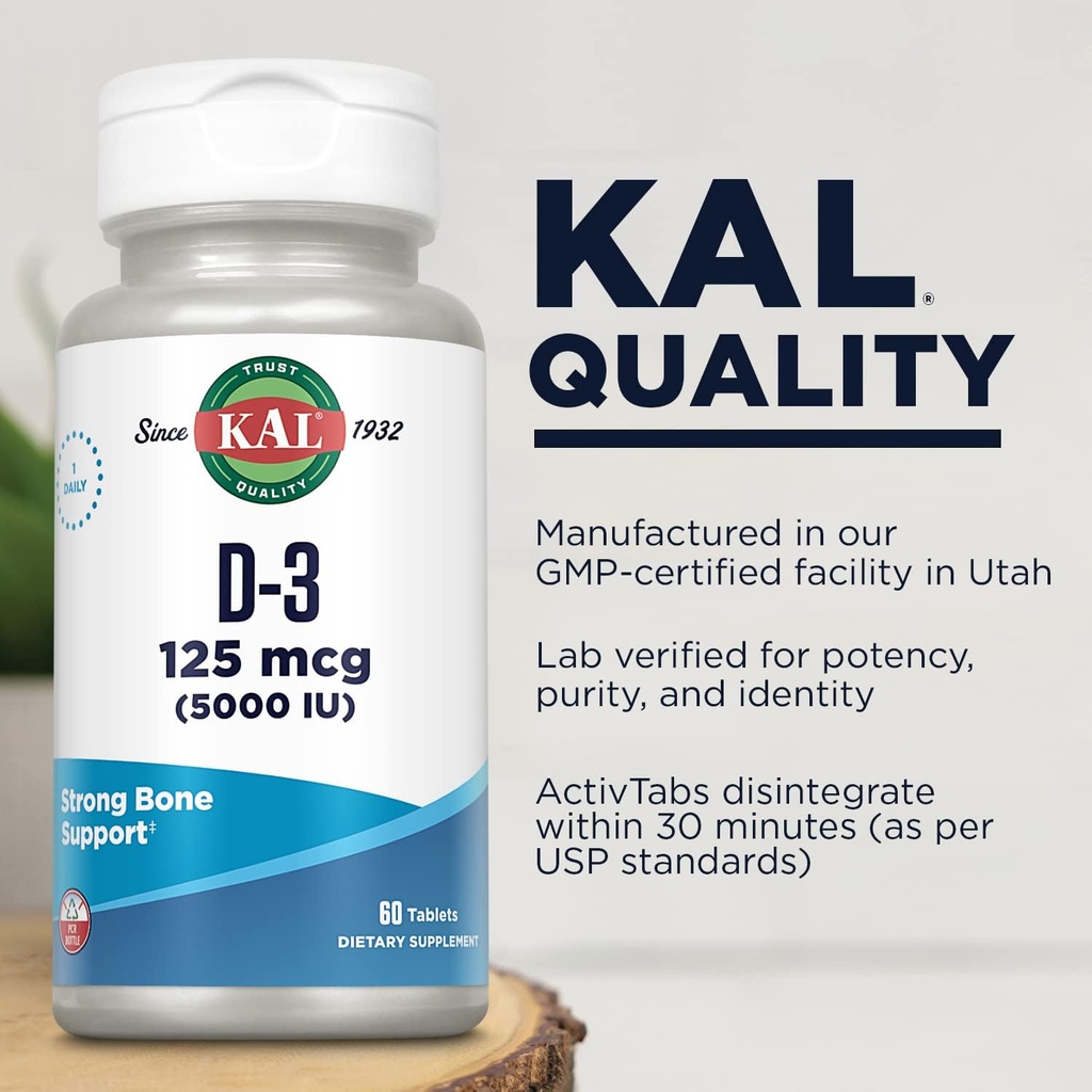 KAL Vitamin D3 5000 IU 125 mcg, High Potency Vitamin D Tablets, Calcium Absorption, Bone Health and Immune Support Supplement, Rapid Disintegration D-3 ActivTabs, 60-Day Guarantee, 60 Serv, 60 Tablets 5