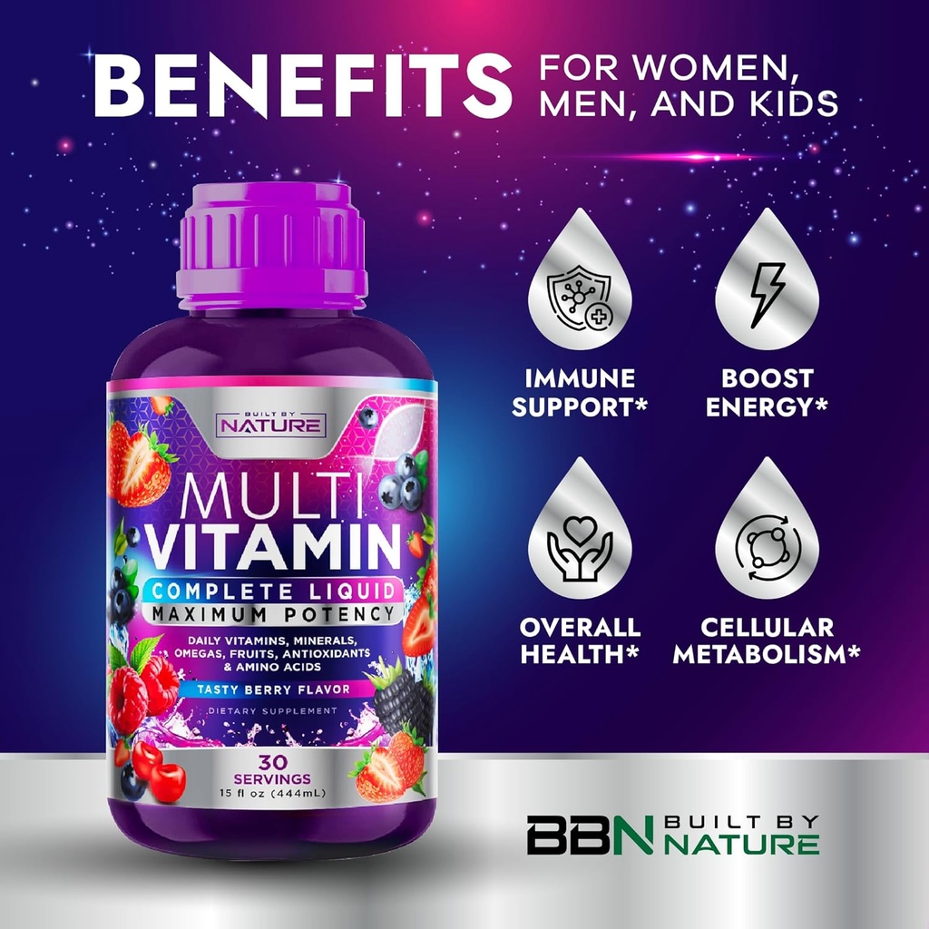 Liquid Multivitamin for Women, Men, and Kids - Liquid Vitamins Supplement for Adults - Natural Multimineral - Vegan, Non-GMO, Gluten Free, Sugar Free – Delicious Berry Flavor - 15 Fl Oz, 30 Servings 6