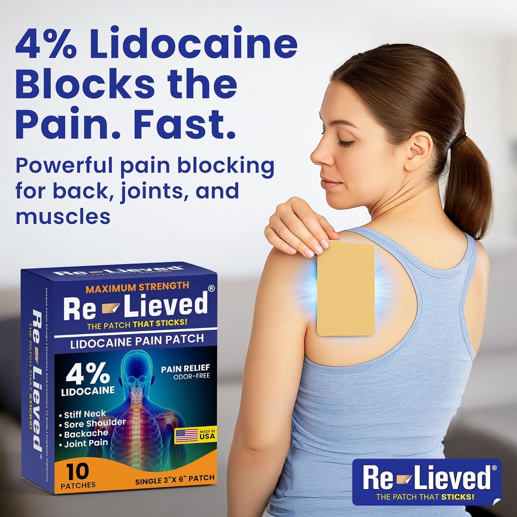 Re-lieved 4% Lidocaine Patches Maximum Strength - Aluminum-Free, Water Resistant and USA Made -Superior Sticking Pain Relief Patches Quickly Relieves Back, Joints and Muscle Pain-3x6 Inches(10 Count) 5