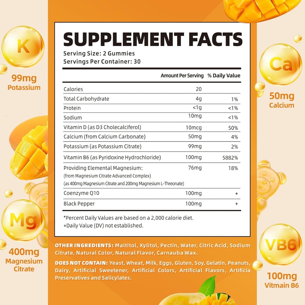 softbear Potassium Magnesium Gummies for Women, Calcium Magnesium Potassium Supplements with Vitamins Sugar-Free Potassium Citrate Gummies Support Muscle Health, Mango Flavor 120 Count 3