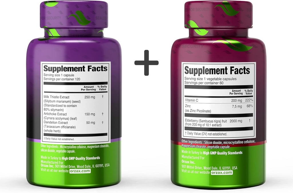 ORZAX Milk Thistle Plus with Dandelion and Artichoke 120 Vegatable Capsules and Elderberry Capsules 2000mg Sambucus, Bundle 3