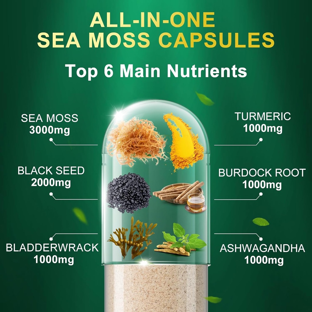 Sea Moss Black Seed Oil Capsules - Supplements with Seamoss, Ashwagandha, Burdock Root, Ginger & Multimineral for Immune & Digestive Support, Improve Energy for Men & Women - 60 Capsules 3