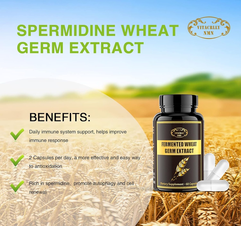 1000MG Spermidine Supplements Fermented Wheat Germ Extract Capsule with 10MG Higher Spermidine & Zinc for Antioxidant, Cell Renewal, Immune System and Increases Energy 60 Capsules (1 Bottle) 4