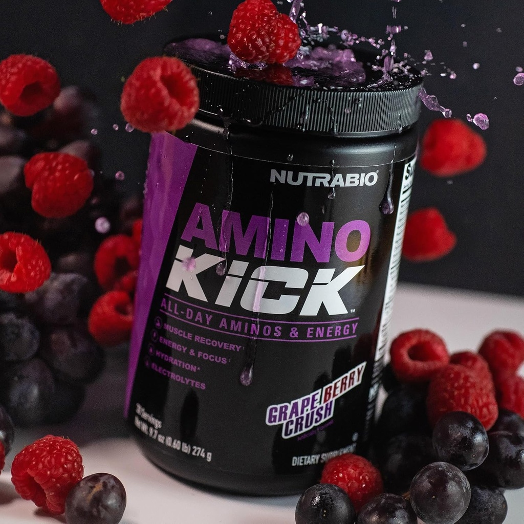 NutraBio Amino Kick – BCAA Powder with Natural Caffeine – Amino Acids Supplement for Energy, Hydration & Recovery – BCAAs, Electrolytes & Amino Acids – Grape Berry Crush, 30 Servings 4