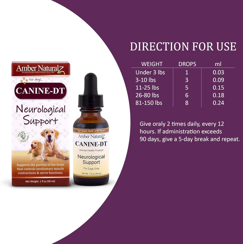 Amber NaturalZ Canine DT Herbal Supplement for Dogs | Canine Supplement for Muscle, Nose, Paw Pad, Nerve, and Neurological Support | 1 Fluid Ounce Glass Bottle 5