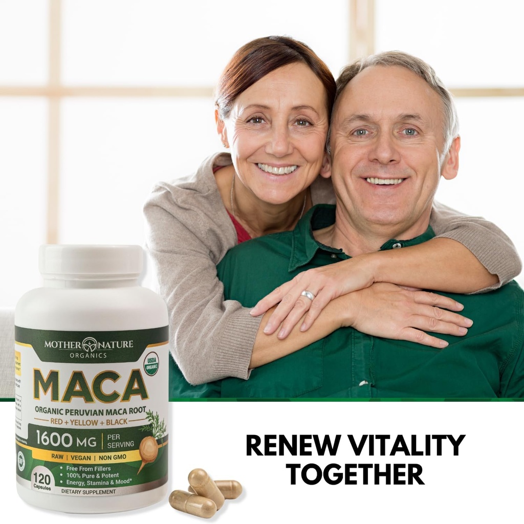 Mother Nature USDA Organic Maca Root Black + Red + Yellow Capsules Peruvian Maca for Men & Women 1600mg, Vegan Pills, Supports Mood, Hormonal Balance Reproduction & Energy (90ct) 5