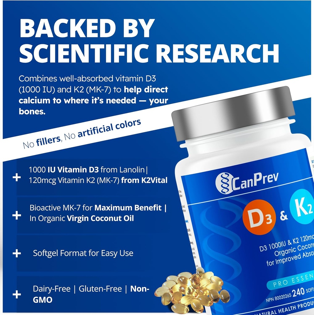 CanPrev D3 & K2 Vitamins 240 Softgels, 240-Day Supply, 1000IU Vitamin D3 & 120mcg K2, Supports Strong Bones, Teeth & Heart Wellness, Easy-to-Absorb with Organic Coconut Oil, No GMO, Gluten, Soy, Dairy 4