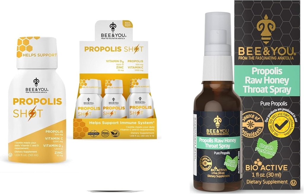 BEE and You Bundle: Propolis Shot with Vitamin C, D3 and Zinc with Propolis Raw Honey Throat Spray, Ultra Pure, 100% Natural, Immune Support, Superfood 2