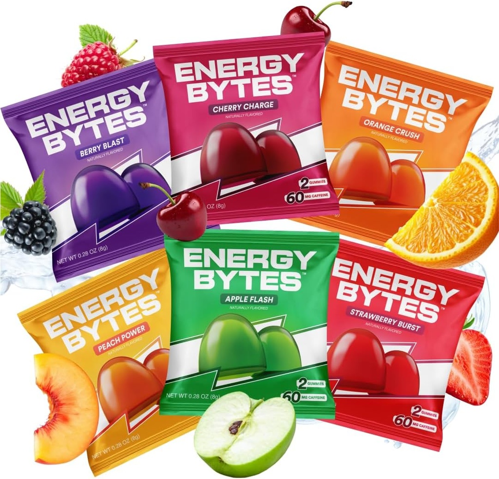 Energy Bytes Caffeine Gummies | Instant Energy Chews for Running, Cycling and Sports Performance | Vegan, Low Sugar | Variety Pack (12-Pack) 2