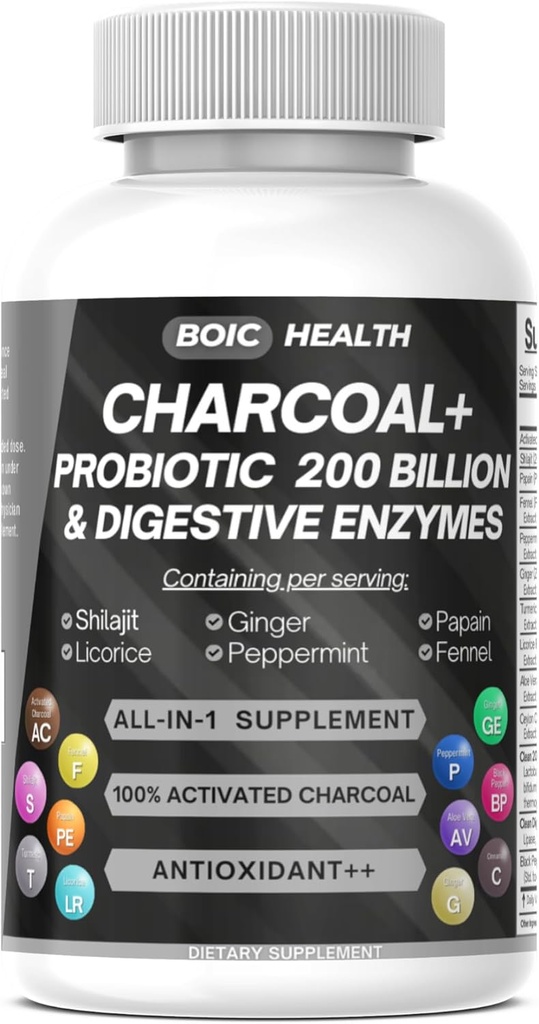 Activated Charcoal Capsules – Extra Strength with Shilajit, 200 Billion CFU Probiotics, Digestive Enzymes, Peppermint, Fennel, Licorice & Ginger – 120 Capsules (Pack of 1) 2