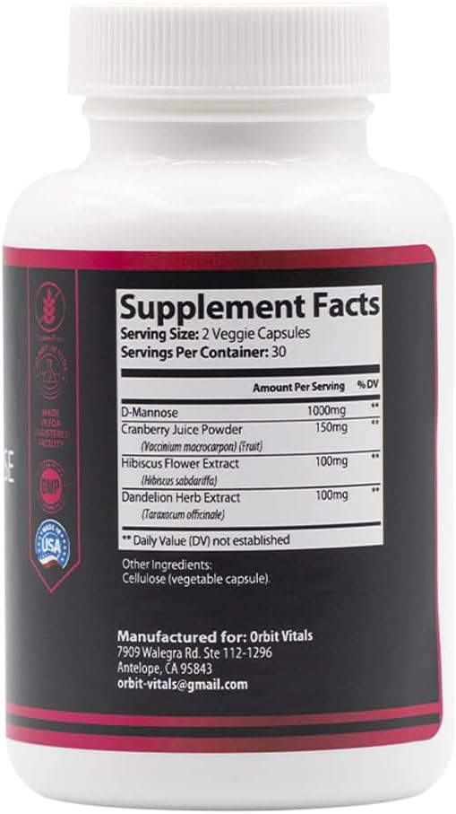 D-Mannose with Cranberry, Dandelion & Hibiscus Extract - Aids in Bladder, Urinary Tract Support, Flush Impurities - Ultra Absorption Gluten Free & Non GMO | 60 Capsules 3