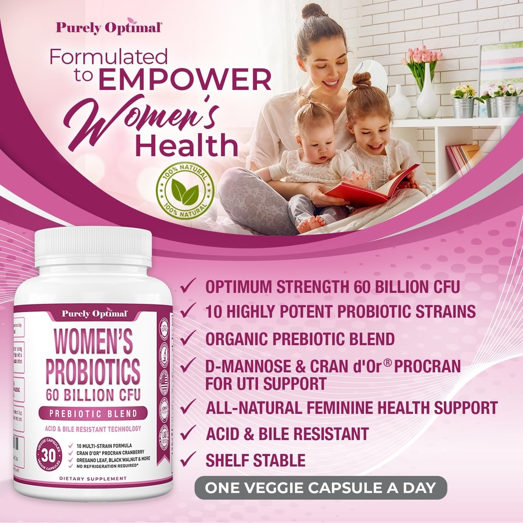 Purely Optimal Women’s Probiotics 60 Billion CFU – Supports Digestive & Vaginal Health, Odor Control, pH Balance – with Prebiotics & Cranberry – Shelf-Stable Probiotics for Women, 30 Capsules 5