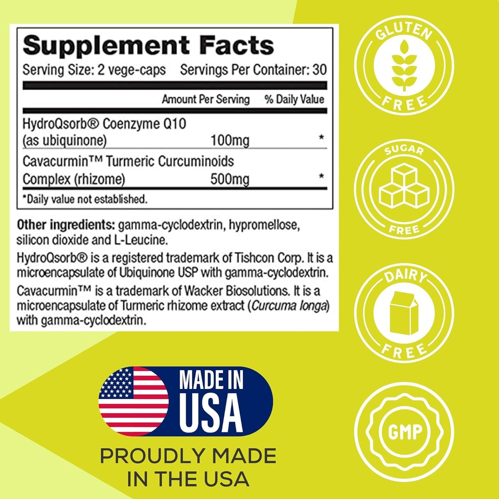CoQ10 Max High Absorption Supplement with Turmeric Curcumin - 100 mg Capsules - Vegan - Heart Health, Energy, Mitochondria, Antioxidant with Cavacurmin™, HydroQsorb® Coenzyme 3