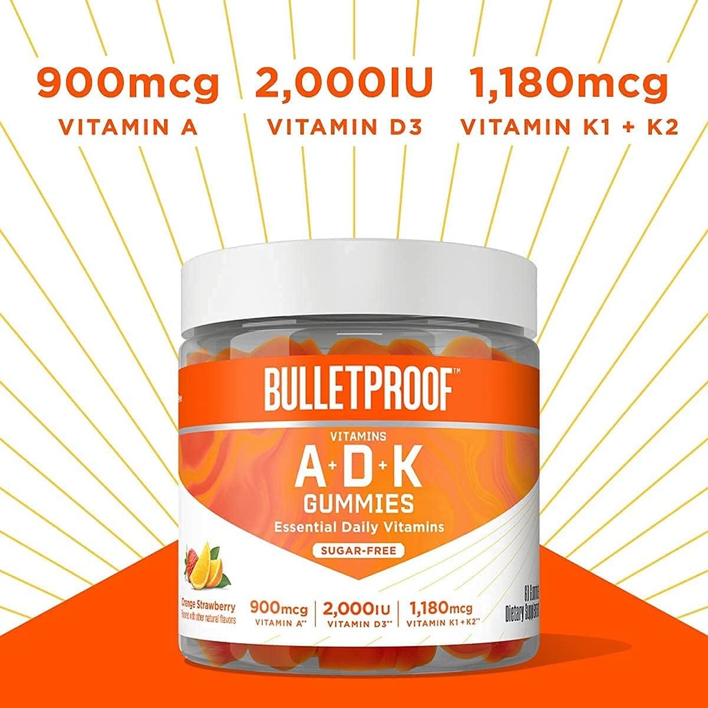 Bulletproof Vitamins A+D+K, 60 Sugar-Free Gummies, Strawberry Orange Flavor |Turmeric Sugar-Free Gummies, 60 Count, Peach Ginger 3