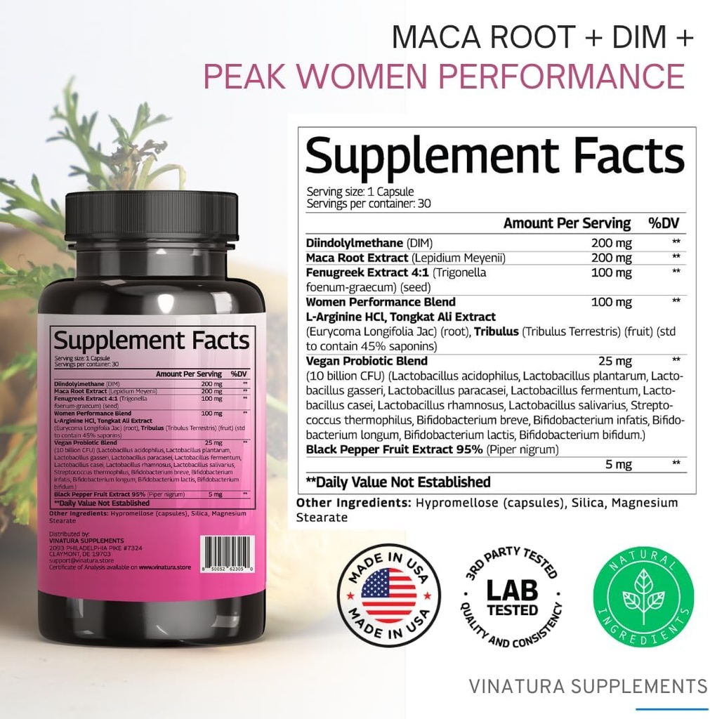 VINATURA MACA Root + DIM Capsules for Women Performance - Hormone Balance, Menopause Support Fertility, Women's Supplement, 60 Vegan Capsules 3