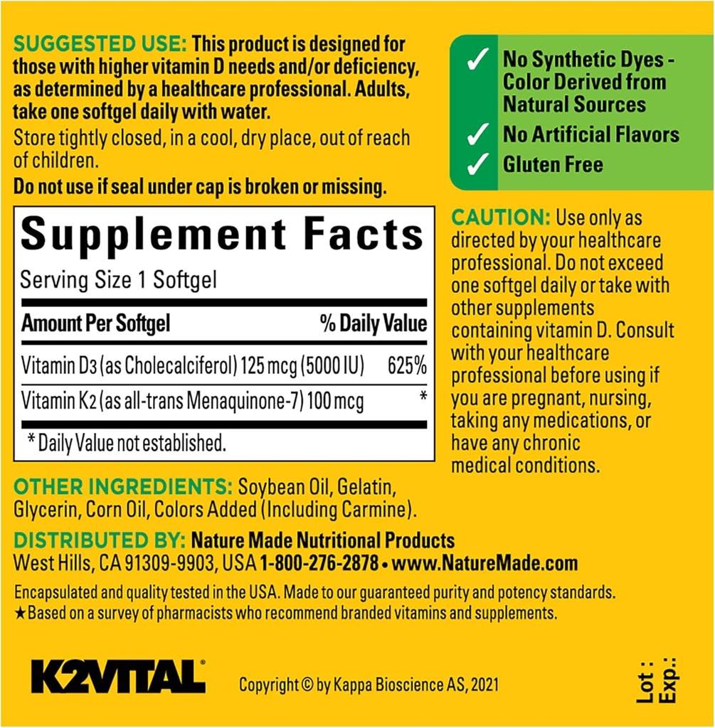 Nature Made Vitamin D3 K2 Supplement, 5000 IU (125 mcg) Vitamin D for Bone, Teeth, Muscle and Immune Support, 30 D3 and K2 Softgels, 30 Day Supply 5