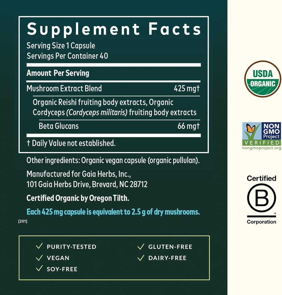 Gaia Herbs Respiratory Mushroom Blend - Immune Support Herbal Supplement to Help Maintain Overall Lung and Respiratory Health - WIth Reishi and Cordyceps* Mushrooms - 40 Vegan Capsules (40-Day Supply) 4
