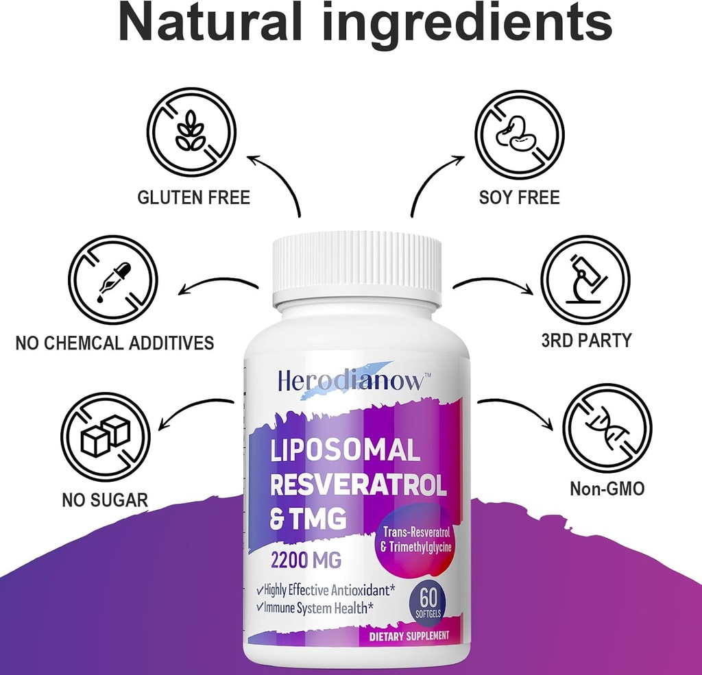 Liposomal Resveratrol with TMG Supplement 2200 MG, 99% Purity Trans-Resveratrol & Trimethylglycine- Antioxidant, for Immune System, Skin & Overall Health, 60 Softgels(Pack of 1) 5