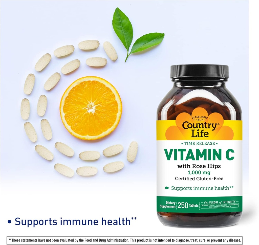 Country Life Time Release Vitamin C with Rose Hips, Supports Immune Health, 1,000mg, 250 Tablets, Certified Gluten Free, Certified Vegan 5