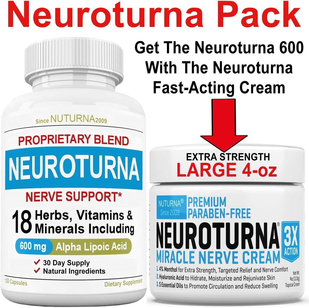 Nerve Relief Cream 4 oz Plus Neuroturna Nerve Support 600 mg ALA Supplement 2