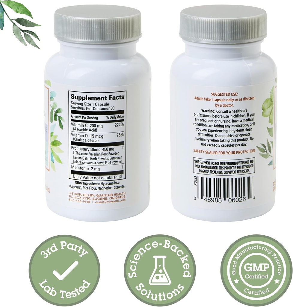 Quantum Health Sleep Immune Support Supplement Melatonin 2mg L Theanine & Valerian Root Plus Elderberry Vitamin C & D Immunity Boost - 30 Capsules 3