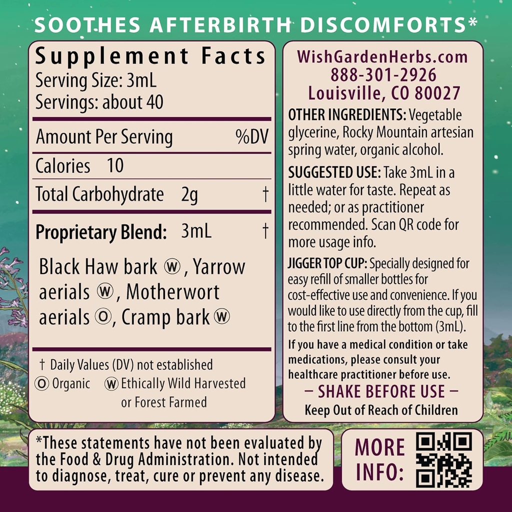 WishGarden Herbs AfterEase for After Birth Contractions - All-Natural Herbal Supplement with Cramp Bark & Black Haw Bark Soothes Afterbirth Contractions & Uterine Cramping, Postpartum Essentials, 4oz 3