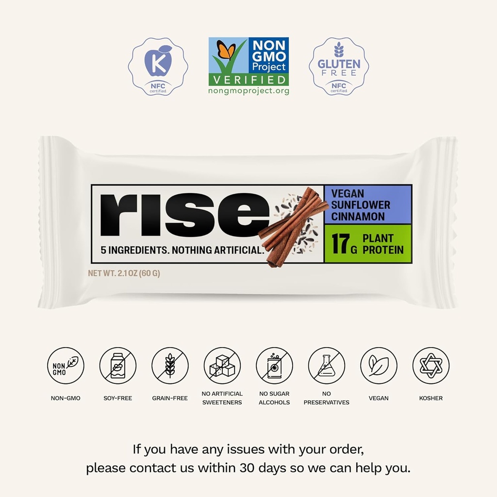 Rise Pea Protein Bar - Vegan Sunflower Cinnamon | Breakfast Bar & Protein Snack 17g Protein Just 5 Whole Food Ingredients Non-GMO Gluten-Free Soy Free 4