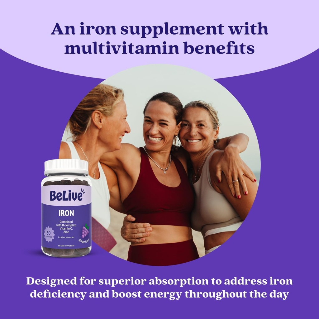 BeLive Iron Gummies - Multivitamin Iron Supplement with Vitamin C, A, B & Zinc, Supports Blood Oxygen, Vegan Supplements for Women, Men & Kids for Growth and Development - Grape Flavor | 5-Pack 4