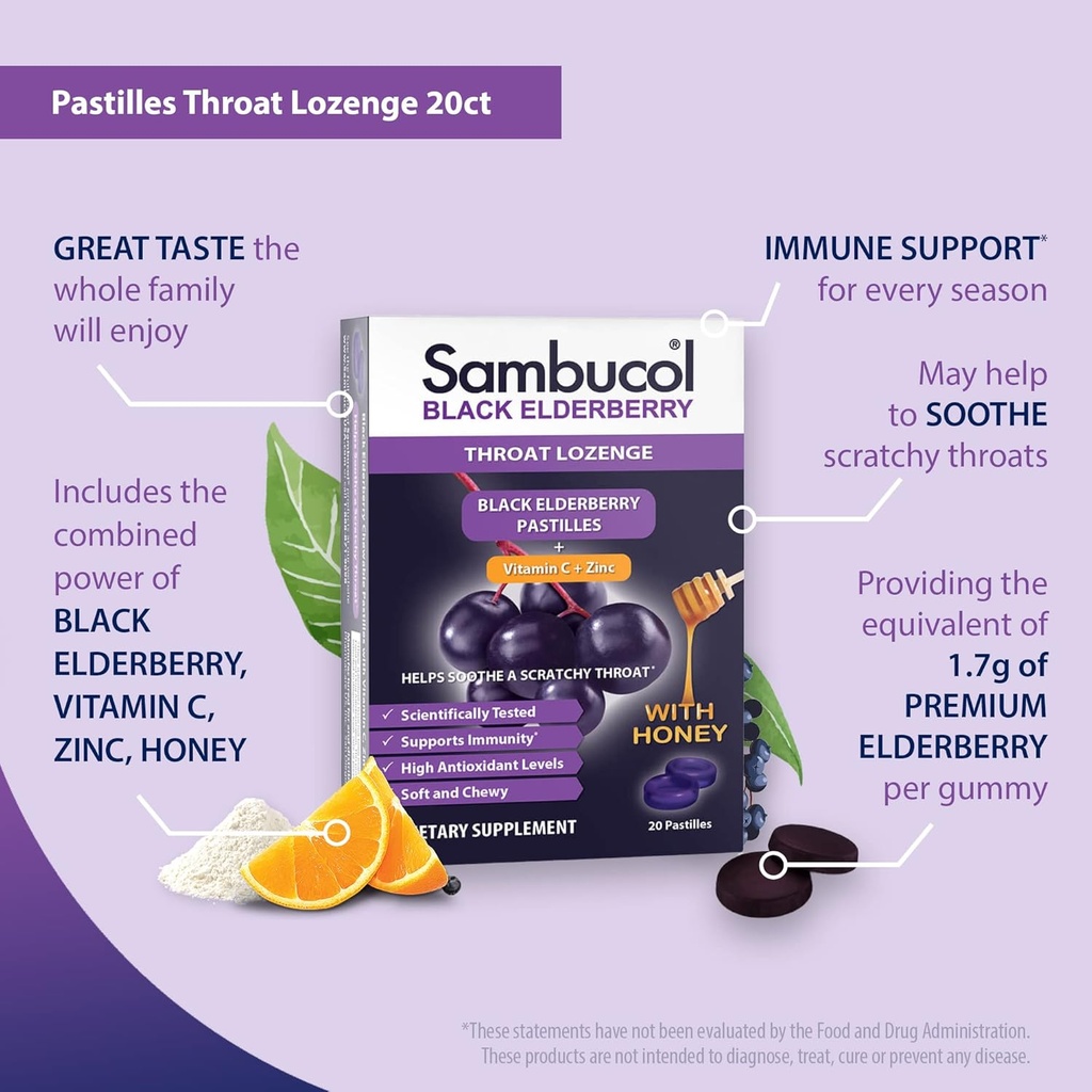 Sambucol Black Elderberry Throat Lozenges - Elderberry Cough Drops for Adults, Elderberry Zinc Lozenges Throat, Elderberry Lozenges - 20 Count 5